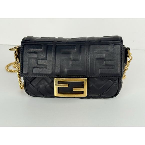 Fendi Mini Zucca Embossed Black Leather Baguette Satchel - Picture 2 of 16